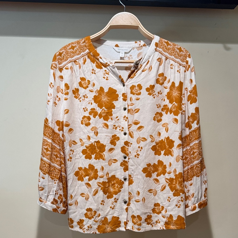 Garnet Hill Orange Floral Blouse - Picture 1 of 5
